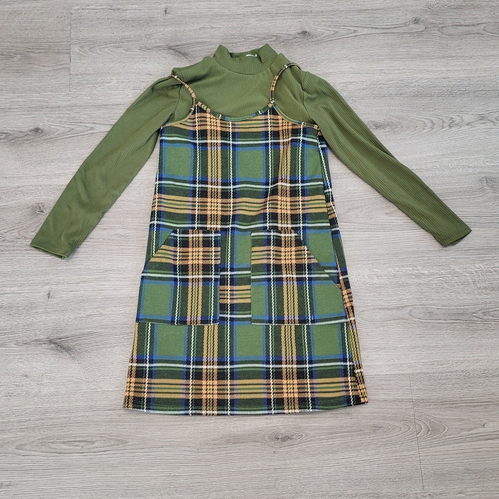 Girls Green Plaid Jumper Dress Ribbed Mock Neck Top Set Size 7 Fall Preppy